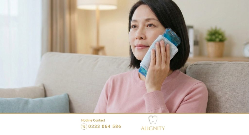 Cấy ghép implant có đau không? 3 Cách giảm đau hiệu quả 3 Người phụ nữ Châu Á chườm lạnh lên má để giảm sưng đau sau phẫu thuật