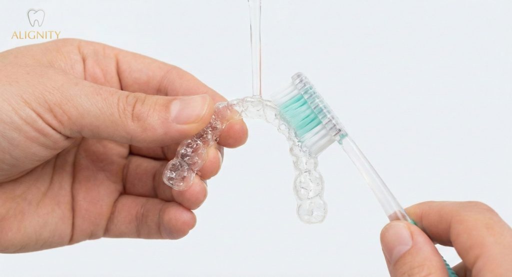 Niềng răng trong suốt cần lưu ý gì? Bí quyết đeo khay & Vệ sinh chuẩn. 4 Hướng dẫn lưu ý vệ sinh khay niềng trong suốt bằng bàn chải mềm dưới vòi nước sạch.