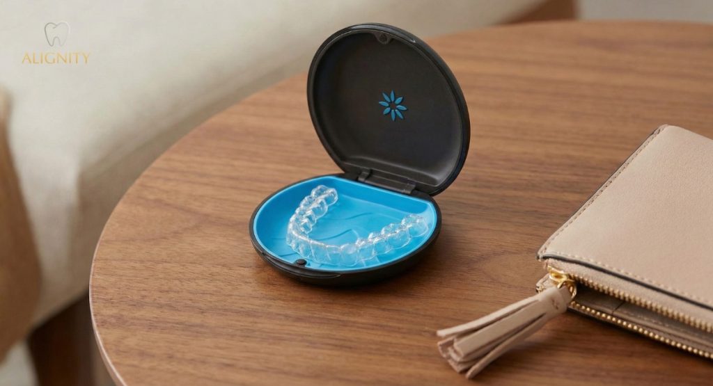 Niềng răng trong suốt cần lưu ý gì? Bí quyết đeo khay & Vệ sinh chuẩn. 5 Khay niềng trong suốt được bảo quản gọn gàng trong hộp đựng chuyên dụng của Alignity.