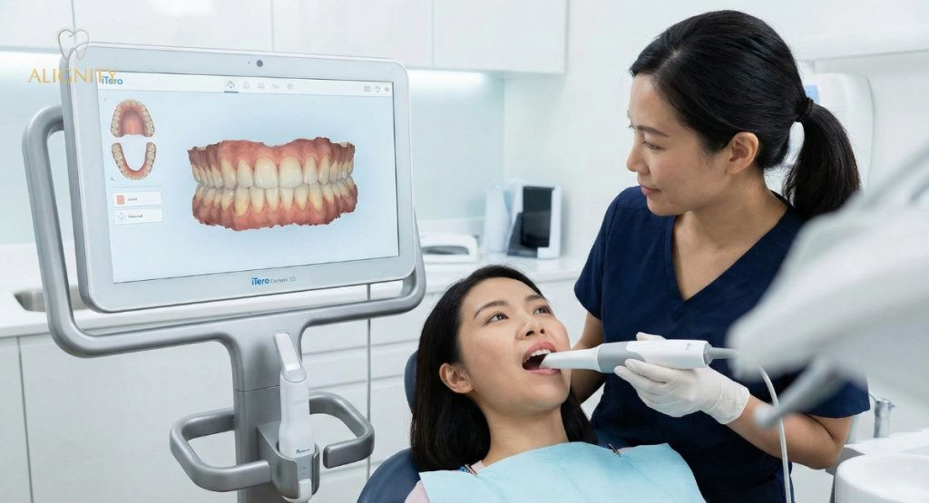Niềng răng trong suốt cần lưu ý gì? Bí quyết đeo khay & Vệ sinh chuẩn. 2 Bác sĩ nha khoa Alignity sử dụng máy scan 3D lấy dấu hàm kỹ thuật số cho khách hàng.