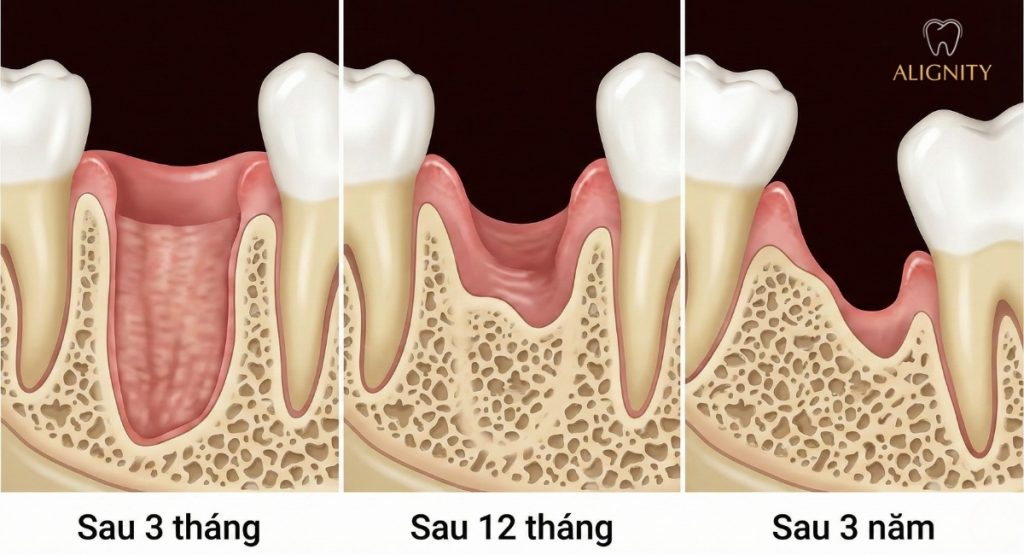 Tiêu xương hàm là gì? Vì sao cần làm Implant sớm để ngừa lão hóa? 2 Biểu đồ minh họa quá trình tiêu xương và tụt nướu diễn ra theo thời gian sau khi mất răng.