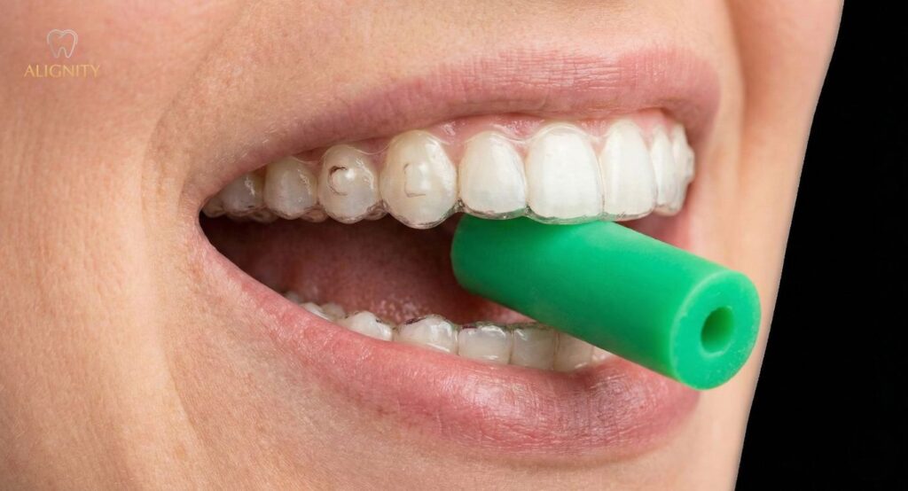 Khách hàng cắn Chewies để khay niềng ôm sát vào attachment