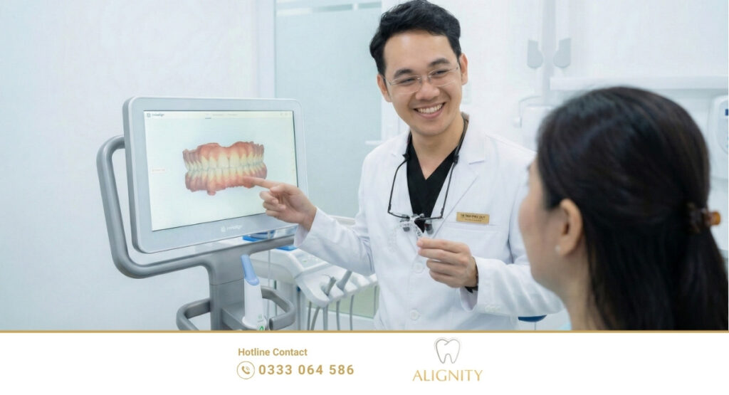 Bác sĩ CKI Trần Phúc Duy tư vấn điều trị khớp cắn sâu bằng công nghệ scan 3D hiện đại và khay niềng Invisalign tại Nha khoa ALIGNITY.