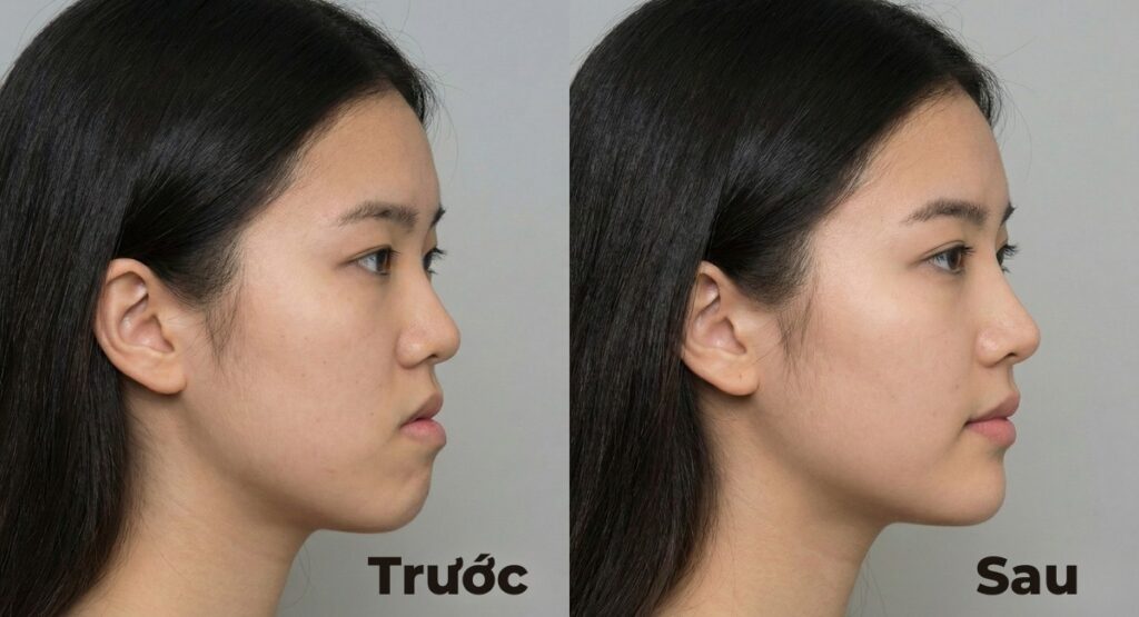 Hình ảnh trước và sau khi điều trị khớp cắn sâu, cho thấy sự thay đổi ngoạn mục của góc nghiêng và khuôn mặt.