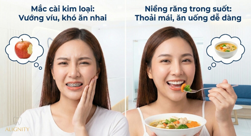 So sánh niềng răng mắc cài và niềng răng trong suốt Invisalign về khả năng ăn nhai.
