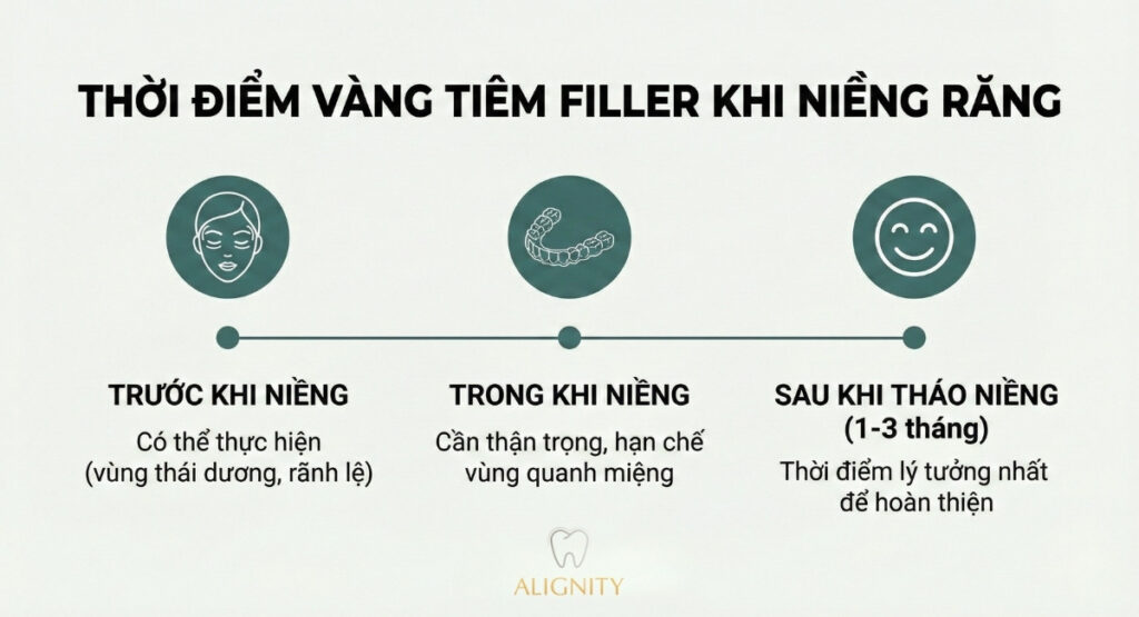 Niềng răng trong suốt có tiêm filler được không? Rủi ro cần lưu ý 4 Infographic thời điểm vàng tiêm filler khi niềng răng.