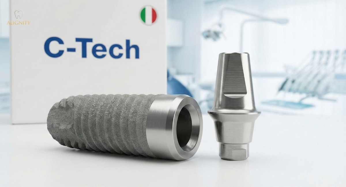 Hình ảnh 3D cận cảnh trụ implant C-Tech xuất xứ Ý với thiết kế ren xoắn kép hiện đại.