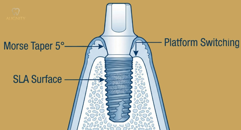 Trụ implant C-Tech Ý là gì? Cấu tạo, ưu điểm và bảng giá 2026 1 Sơ đồ cấu tạo chi tiết trụ implant C-Tech minh họa kết nối côn Morse và công nghệ xử lý bề mặt SLA.