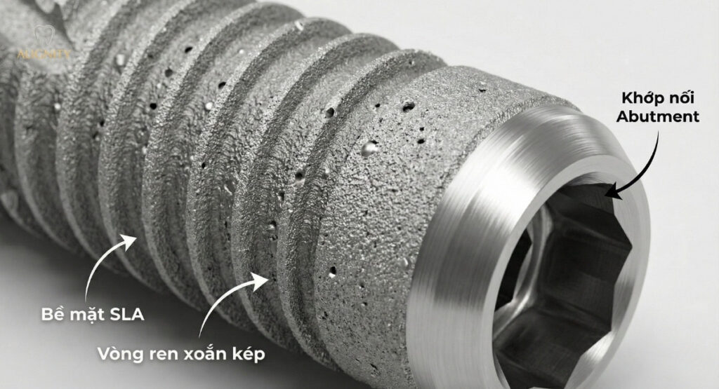 Trụ implant kontact: tìm hiểu xuất xứ, ưu điểm và bảng giá 2026 2 Thiết kế ren xoắn kép và bề mặt xử lý SLA giúp trụ kontact tích hợp xương nhanh chóng và ổn định vững chắc.