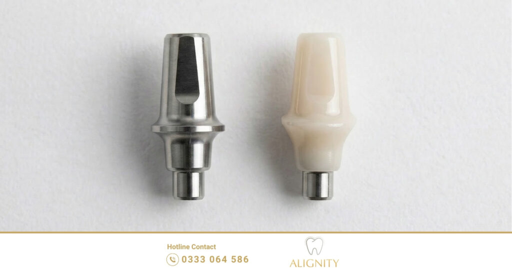 So sánh vật liệu Abutment Titanium bền chắc và Abutment Zirconia thẩm mỹ.