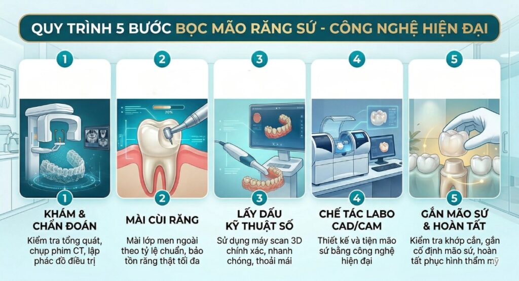 Infographic 6 bước quy trình bọc mão răng sứ công nghệ hiện đại tại ALIGNITY.