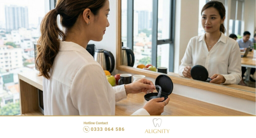 Tháo khay niềng răng trong suốt dễ dàng trước khi ăn trưa tại văn phòng