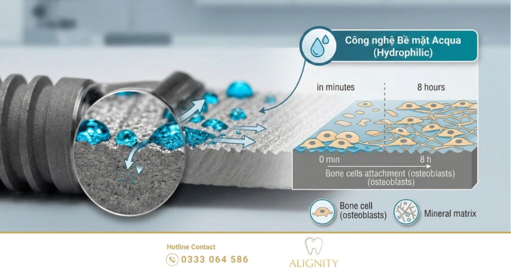 Trụ implant neodent: Giải pháp implant cho ca tiêu xương nhẹ 2 Minh họa công nghệ bề mặt siêu ưa nước Acqua Hydrophilic trên trụ Implant Neodent.