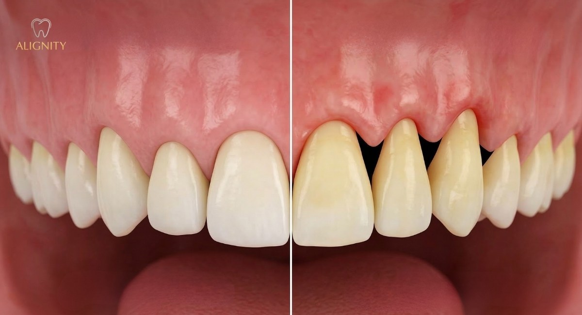 So sánh nướu răng khỏe mạnh và tình trạng tụt lợi lộ chân răng tại Nha khoa ALIGNITY.