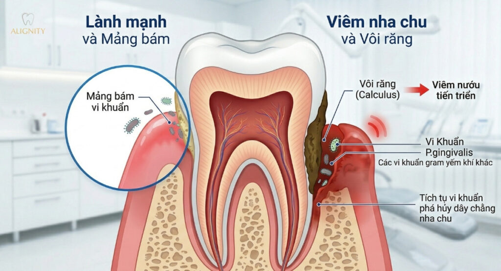 Sơ đồ minh họa mảng bám vi khuẩn và vôi răng cứng đầu tấn công phá hủy mô nha chu dưới nướu.