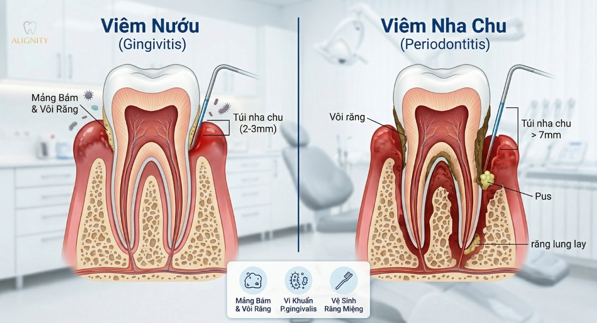 Hình ảnh đồ họa 3D so sánh răng nướu khỏe mạnh, viêm nướu sưng đỏ và viêm nha chu phá hủy xương ổ răng.